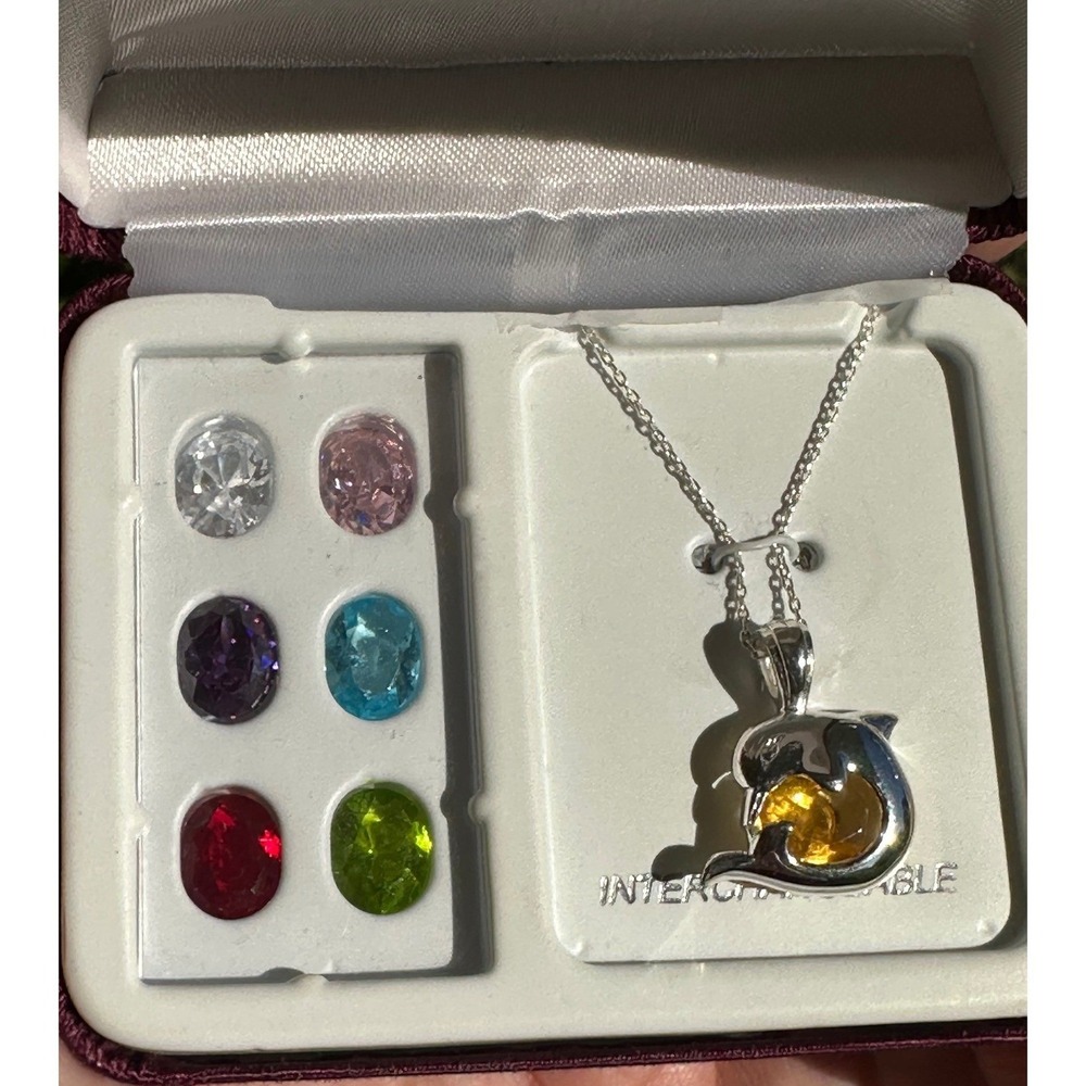 Sterling Silver Dolphin Interchangeable Gemstone Pendant Necklace Set 7 Stones